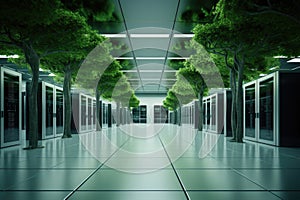 Modern interior of a server room with green trees. 3D rendering, Bright server room with trees and grass growing out out of