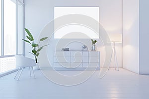 Modern interior setup with white dresser and poster frame, urban background.