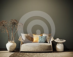 Modern interior with sofa and dry plant decoration. Living room with empty green wall background.