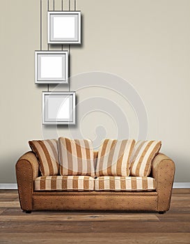 Modern interior with sofa and three hanging alu frame. photo
