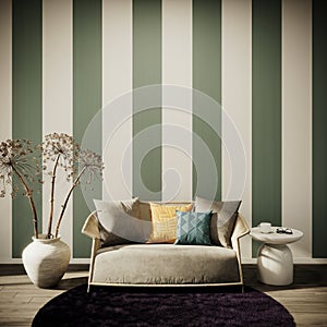 Modern interior with striped wallpaper wall background.
