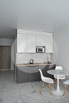 Modern interior of tiny studio appartment.