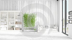 Modern interior in vogue with white couch and copyspace in horizontal arrangement. 3D rendering.