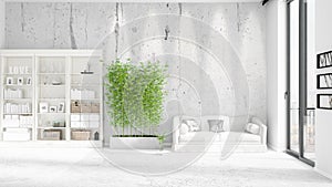 Modern interior in vogue with white couch and copyspace in horizontal arrangement. 3D rendering.