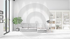 Modern interior in vogue with white couch and copyspace in horizontal arrangement. 3D rendering.