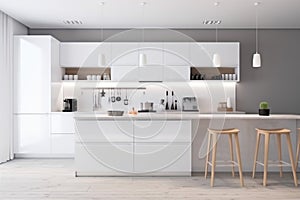 modern interior white home apartment nobody luxury house contemporary design kitchen. Generative AI.