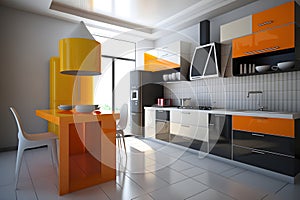 Modern interior of white, orange and black kitchen