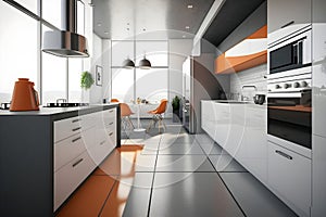 Modern interior of white, orange and gray kitchen