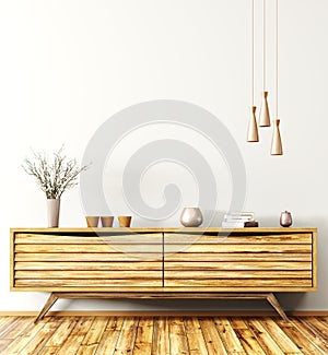 Modern interior with wooden sideboard 3d rendering