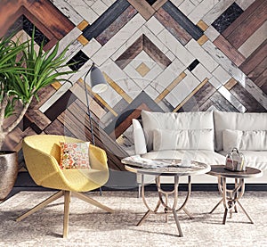 Modern interior with yellow armchair in front of a accent wall