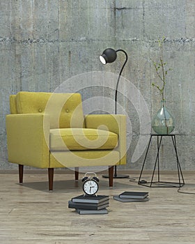 Modern interior with yellow sofa background, 3D