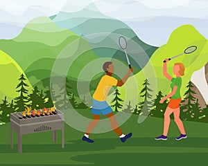 Modern international lovely couple date park picnic, female male pair play badminton game flat vector illustration.