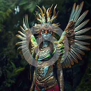 Modern interpretation of the feathered serpent Aztec deity Quetzalcoatl, with expansive wings and a spiked headgear, blending