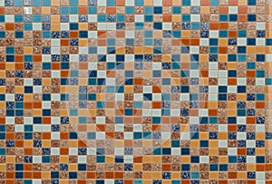 Modern interpretation of traditional tile mosaics, using recycled materials, vibrant palette. AI generated.