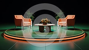 Modern interview set with two orange chairs and a coffee table Keywords: interview, set, studio
