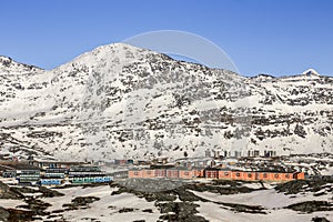 Modern Inuit houses and Ukkusissat (Store Malene) mountain