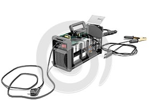 Modern inverter welding machine black disassembled 3d render on