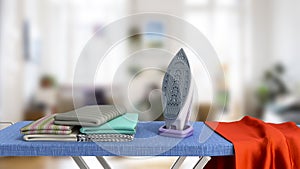 Modern iron on the ironing board near the ironed things in the stack 3d render in room