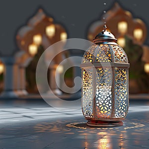 Modern Islamic design 3D Ramadan Kareem with shiny lantern light