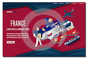 Modern isometric concept of France Logistics Landing page with Global Logistics, Warehouse, Sea Freight.  Easy to edit and customi