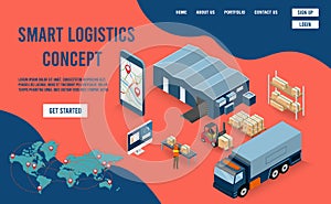 Modern isometric design concept of Smart Logistics with global logistics partnership for website and mobile website.