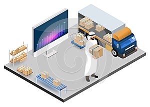 Modern isometric design concept of Warehouse Logistic with Arab Workers logistics, storehouse and goods on shelf. Vector illustrat