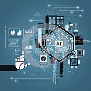 Artificial intelligence brain network with robotic hand and digital data visualization