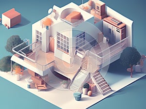 modern isometric house with a garden, 3 d illustration photo