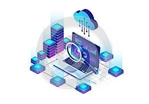 Modern isometric illustration of cloud computing data analysis and network infrastructure