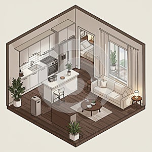 Modern isometric room design with an open-plan layout. Features a kitchen with