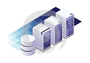Modern isometric server racks and data storage units representing cloud computing infrastructure