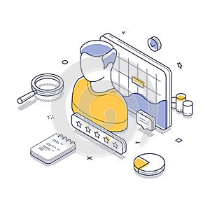 Modern isometric vector illustration featuring analytics, user profiles, and performance metrics