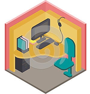 Modern isometric work place of a call center operator, office employee