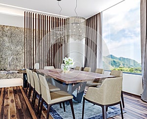 Modern italian interior design of contemporary dining room with beautiful view on countryside, mountain in background