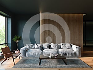 Modern Italian interior design living room with dark walls and vertical slats panel, 3D Render