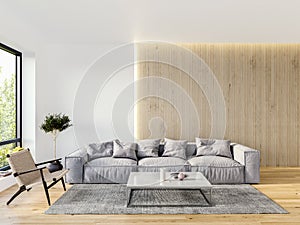 Modern Italian interior design living room with white walls and vertical slats panel