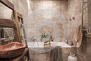 Modern Japandi bathroom interior design in earth tones, natural textures with wooden solid oak furniture. Japandi concept.