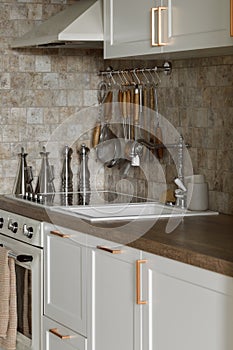 Modern Japandi kitchen interior design apartment in earth tones, natural textures with wooden solid oak furniture