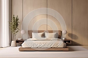 Modern japandy bedroom interior. Wooden double bed with beige pillows. Wooden panels empty wall with copy space for mockups