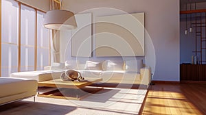 Modern japanese apartment livingroom design interior with lamp and hardwood flooring. Generative Ai