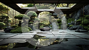 Modern japanese garden background. Peaceful asian garden.