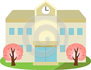 Modern Japanese public school building with Spring cherry tree