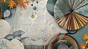 Modern Japanese template. Geometric background with umbrella and abstract elements. Chinese paper wallpaper.