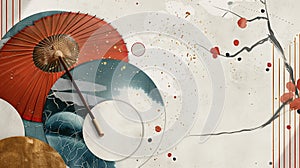 Modern Japanese template. Geometric background with umbrella and abstract elements. Chinese paper wallpaper.