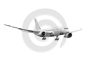 Modern jet 787 airplane with body isolated prepare for landing white background