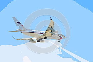 Modern jet aircraft in the sky. The drawing is made from a photograph