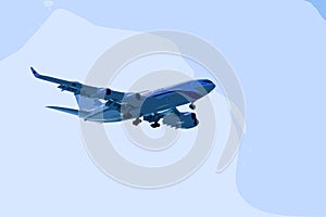 Modern jet aircraft in the sky. The drawing is made from a photograph