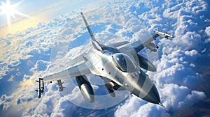 Modern jetfighter at high speed flying above the clouds photo