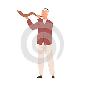 Modern jewish man playing Shofar vector flat illustration. Colorful cute male blowing traditional jew horn isolated on photo