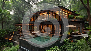 Modern jungle house poolside view, twilight